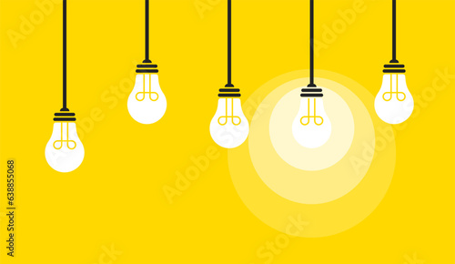 Vector illustration of white light bulbs on a yellow background, hanging at different heights, with one of them emitting light. Concept of diverse ideas and creative inspiration. (EPS 10)