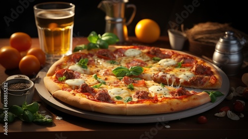 The pizza is covered with cheese and pepperoni and is being served on a white plate