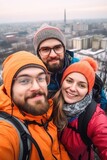 outdoor selfie, hiking and friends in city for travel, adventure or holiday