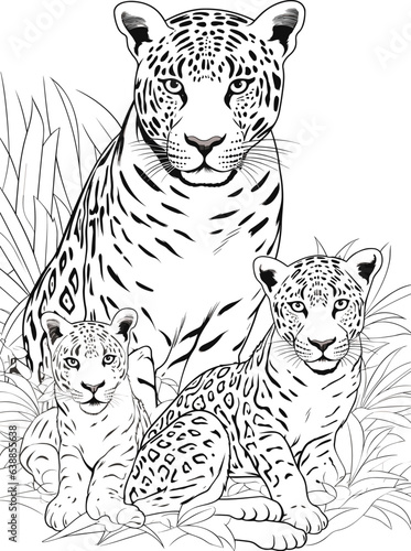 Coloring pages. Mother jaguar with her little cute cubs