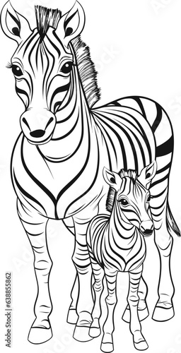 Coloring pages. Mother zebra with her little cute baby