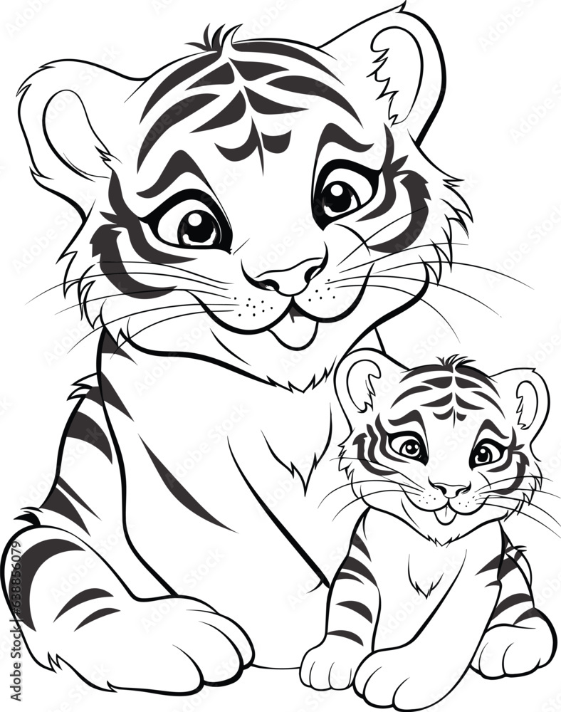 Coloring pages. Wild animals. Smiling mother tiger with her little cute baby tiger Coloring pages. Wild animals. Smiling mother tiger with her little cute baby tiger