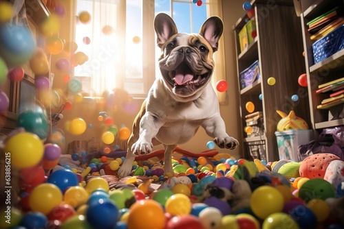 Playful Frenchie bulldog in the room full of toys