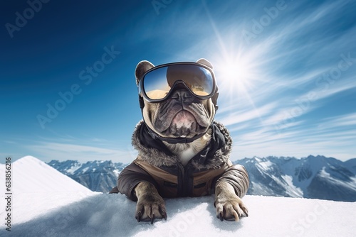 French Bulldog skiing on a sunny day dressed in a jacket and wearing ski goggles