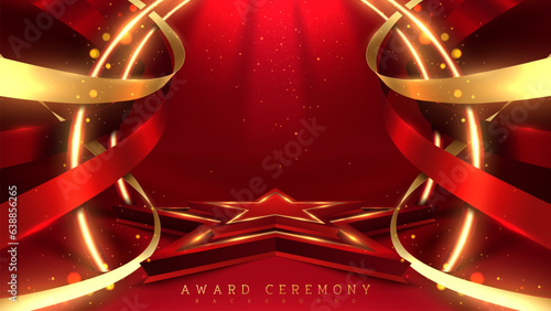 Red star shape podium with gold ribbon elements and glitter light effects decorations and bokeh. Luxury award ceremony background. Vector illustration.