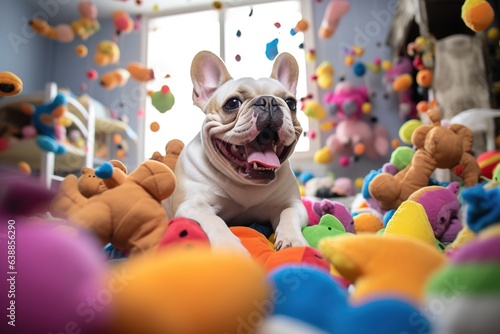Playful Frenchie bulldog in the room full of toys