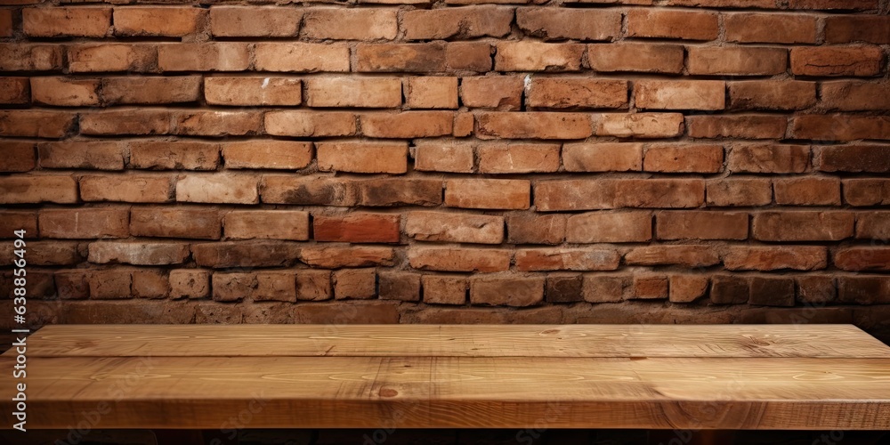 Minimalist elegance. Empty room with wood and brick accents. Vintage Old wooden table and bricks wall set scene. Creative spaces. Designing with blocks backdrops Minimalist elegance. Empty room with wood and brick accents. Vintage Old wooden table and bricks wall set scene. Creative spaces. Designing with blocks backdrops