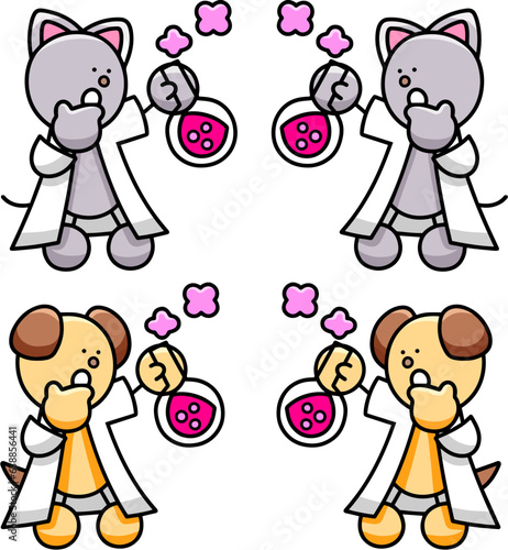 実験するわんまるとにゃんまるのイラストセット　犬　猫
