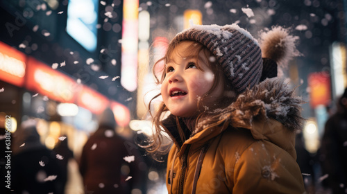photo of a kid playing , snow filling the air at Shibuya Tokyo, ai generated. photo