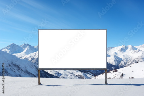 design mockup: blank white billboard at the snowy mountains photo