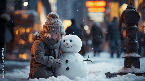 snowman sitting  with a girl, snow filling the air at Shibuya Tokyo, ai generated. photo