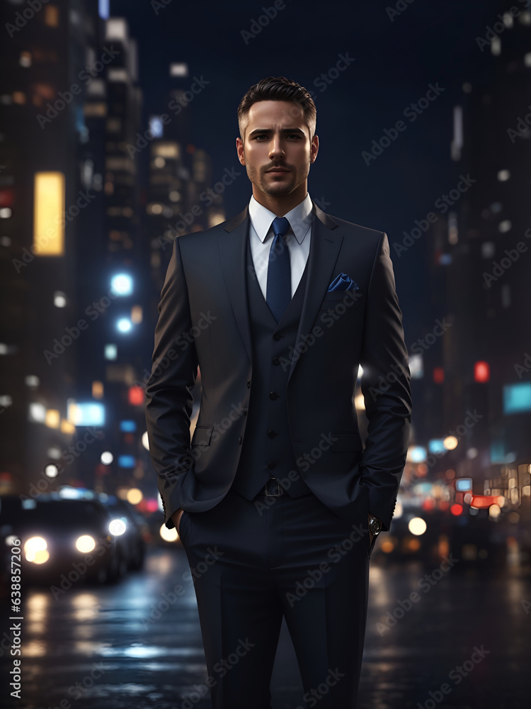 Fototapeta premium businessman in a city street, dark night
