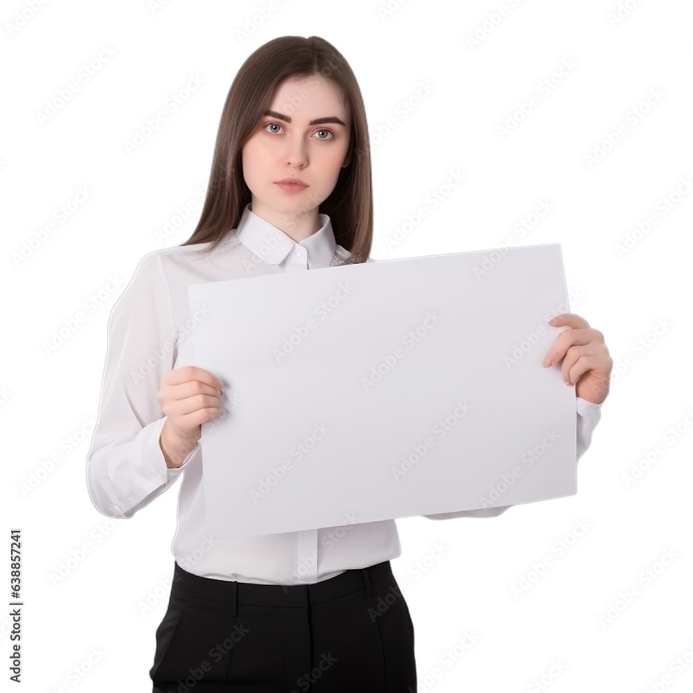 White beautiful women white board, holding placard, copy space isolated on transparent background. White beautiful women white board, holding placard, copy space isolated on transparent background.