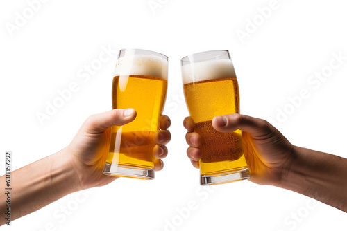Side view of Man hands holding beer glass, toast isolated on transparent background.