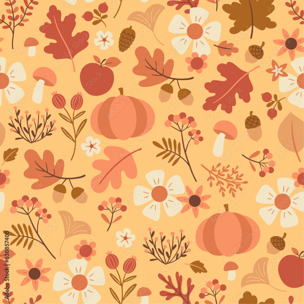 Vector seamless pattern with autumn leaves, flowers, pumpkins and mushrooms