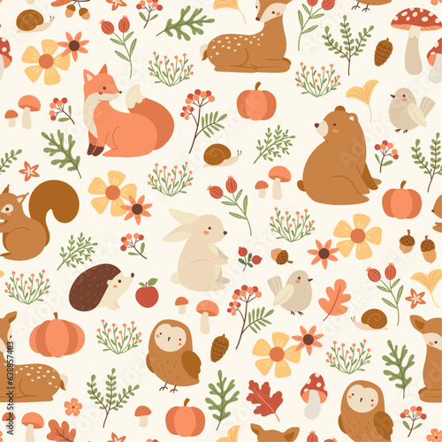 Vector seamless fall pattern with forest animals and plants