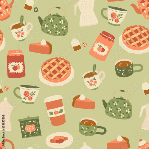 Vector seamless pattern with cakes and drinks