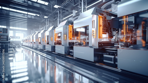 A modern factory with CNC milling machines. A bright ultra clean organized production factory or plant. DX, industry 4. 0 concept.