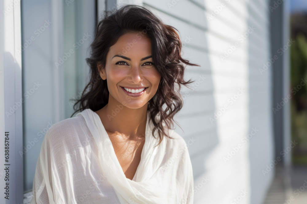 Smiling brunette woman in her 30's standing in front of a white weatherboard house. Smiling brunette woman in her 30's standing in front of a white weatherboard house.