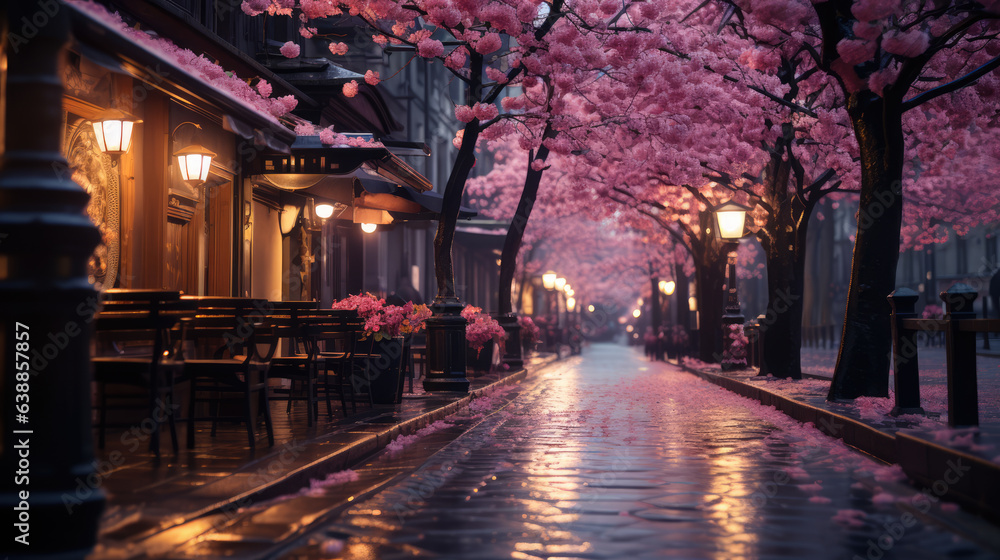 Blossoming Cherry Tree scene of delicate pink at Shibuya Tokyo ai generated - obrazy, fototapety, plakaty 