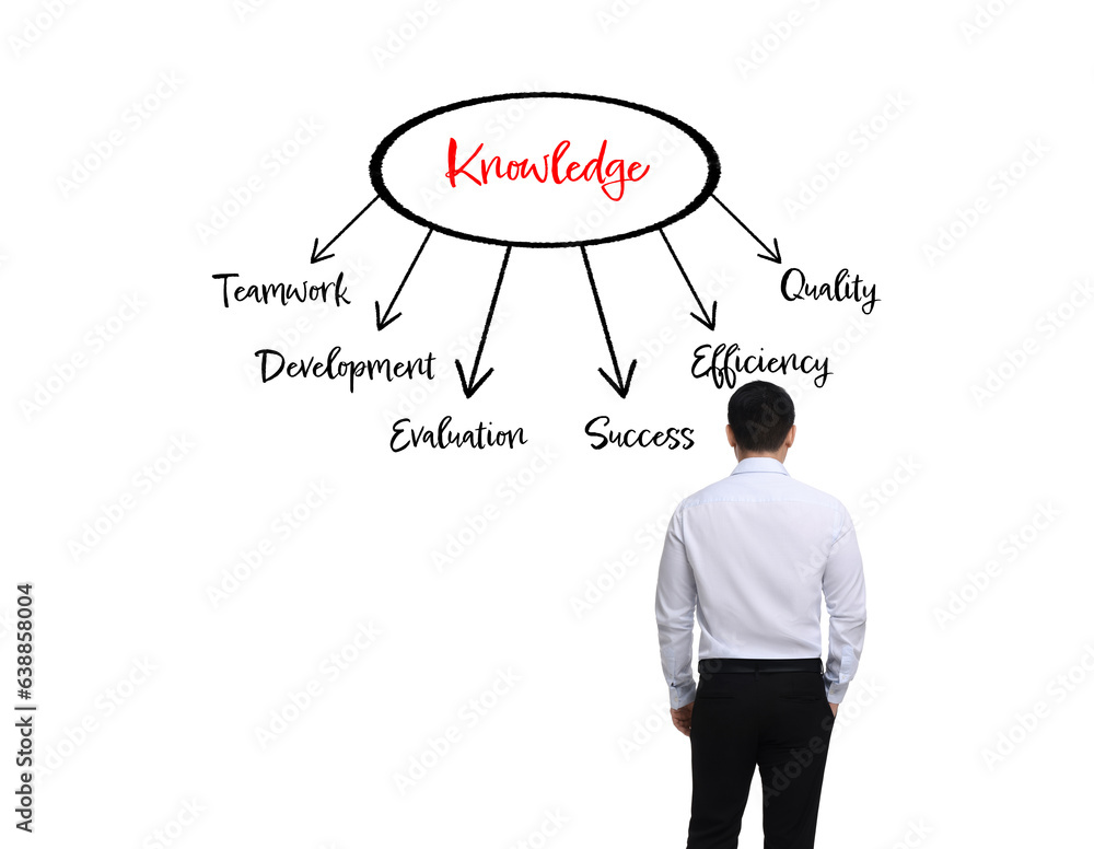 Logic. Man standing in front of diagram on white background, back view Logic. Man standing in front of diagram on white background, back view