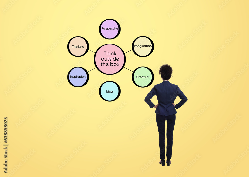 Logic. Woman standing in front of diagram on pale yellow background, back view