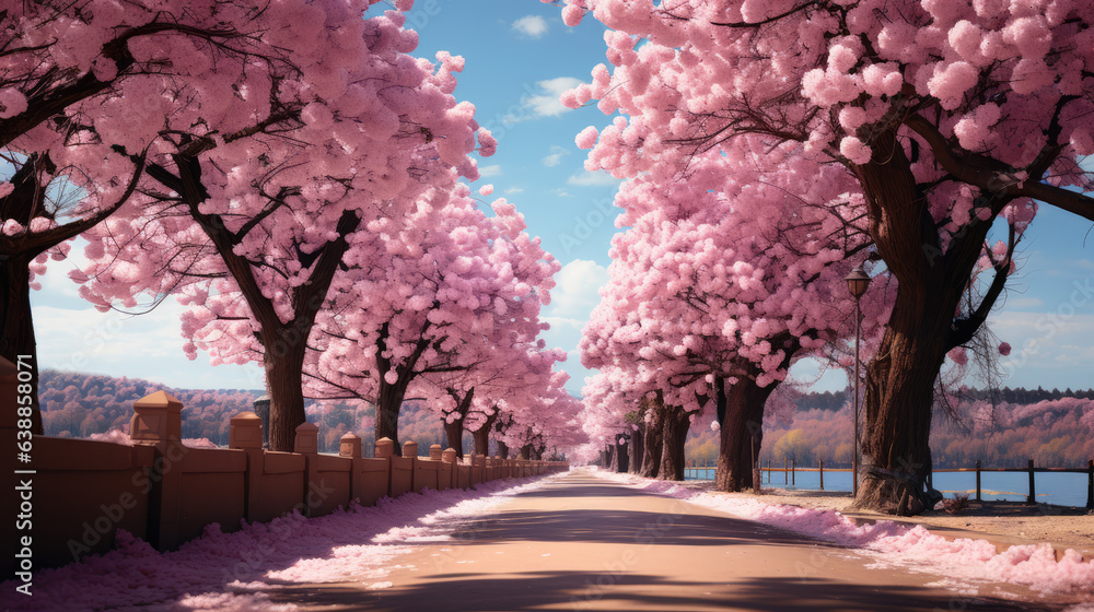 Naklejka premium Blossoming Cherry Tree Avenue: A captivating avenue lined with blooming cherry trees, ai generated.