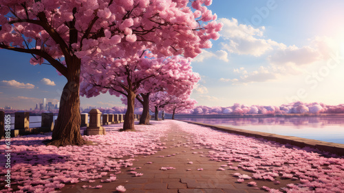 Blossoming Cherry Tree Avenue: A captivating avenue lined with blooming cherry trees, ai generated.