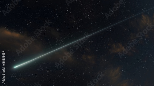 Meteor lights up sky. Shooting star, glowing fireball. Meteorite in the upper atmosphere.