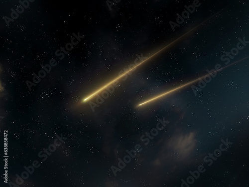 Two meteors in the starry sky. Shooting stars, glowing fireballs. Meteorites have reached the Earth.