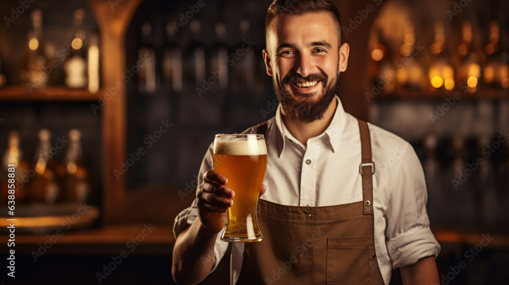 Bartender Holding Freshly Tapped Beer Glass with Copy Space