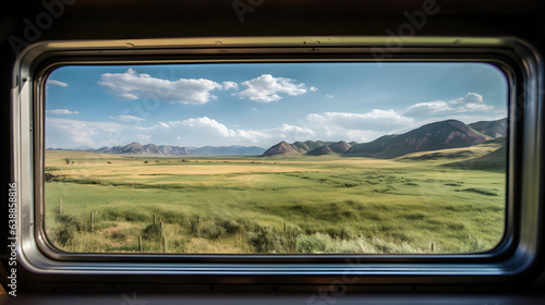 View through a train window, capturing the passing landscape
