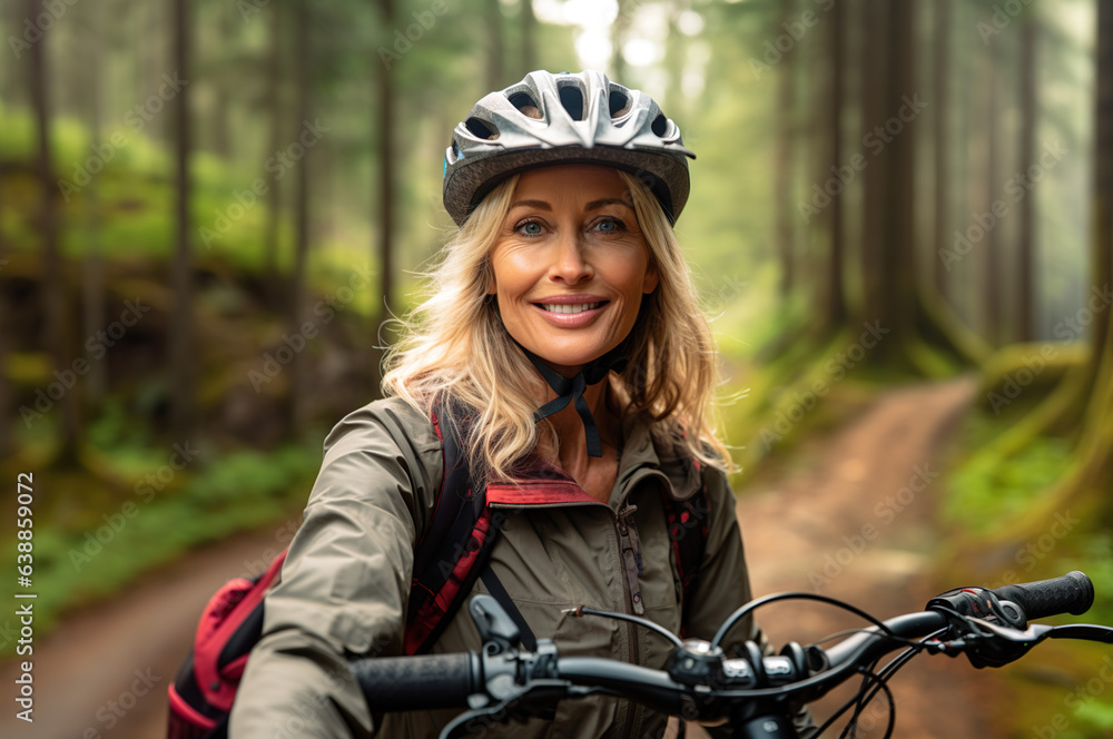 AI generated image of senior female on bicycle in forest AI generated image of senior female on bicycle in forest