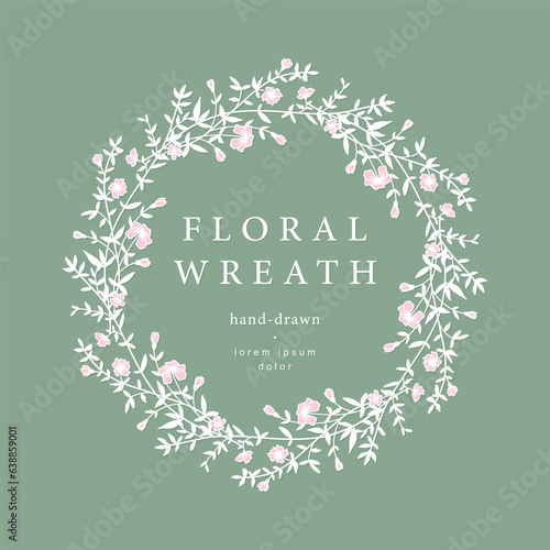 Hand drawn flower frame. Elegant vintage wreath. Vector illustration, botanical decor elements for label, corporate identity, branding, wedding invitation, greeting card, save the date