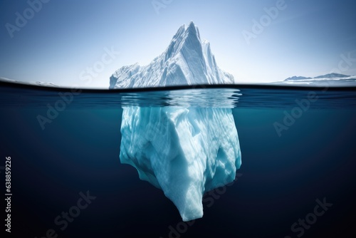 Iceberg in clear blue water and hidden danger under water. Floating ice in ocean.