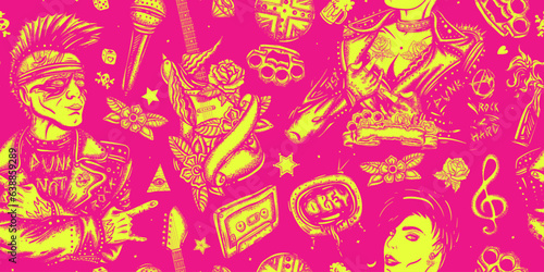 Punk lifestyle. Seamless pattern. Anarchy art. Music concept. Rock culture musical background. Punker with mohawk, electric guitar, rock woman. Hooligans