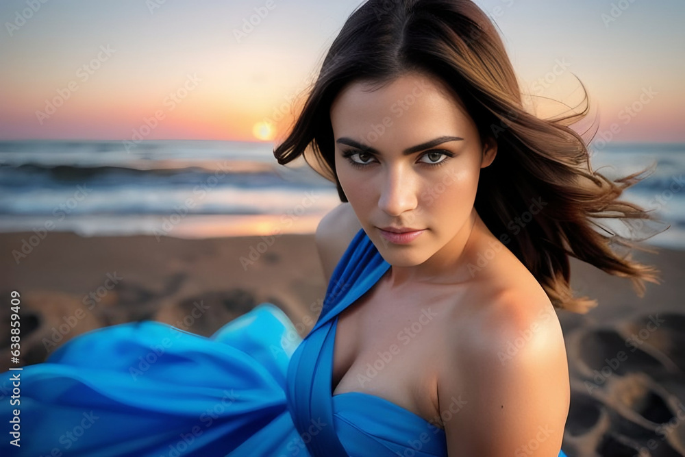 Naklejka premium Close-up portrait of a young model with long hair in a blue dress on the beach at sunset