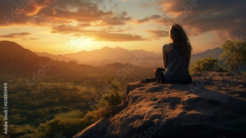 A woman is meditating on the edge of a cliff with a very beautiful view of the mountains at sunset. Woman sitting on the edge of a mountain cliff