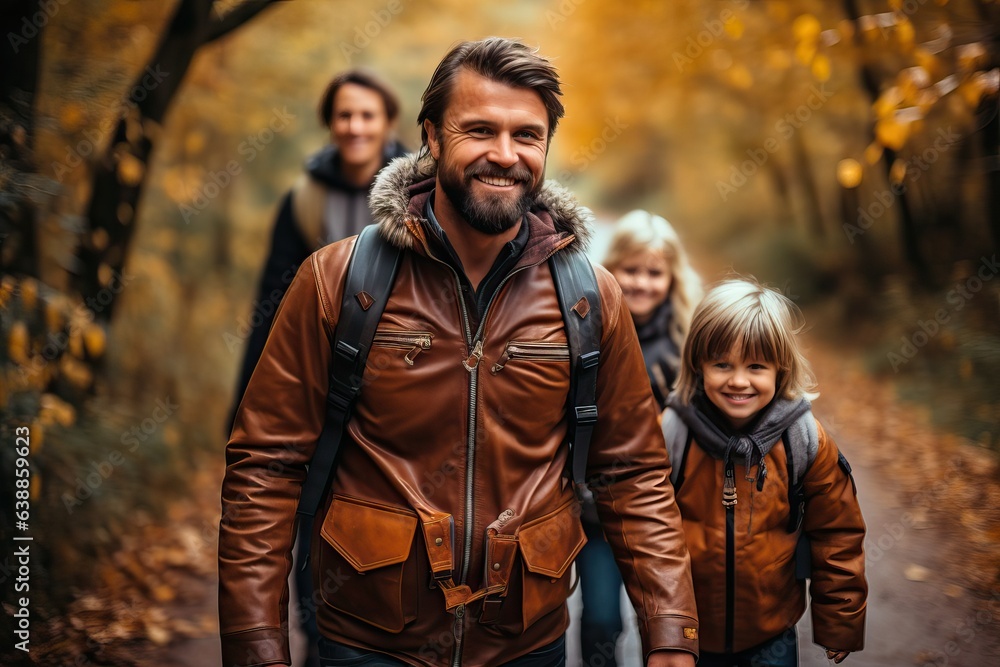 A man and two children walking down a path created with Generative AI technology A man and two children walking down a path created with Generative AI technology