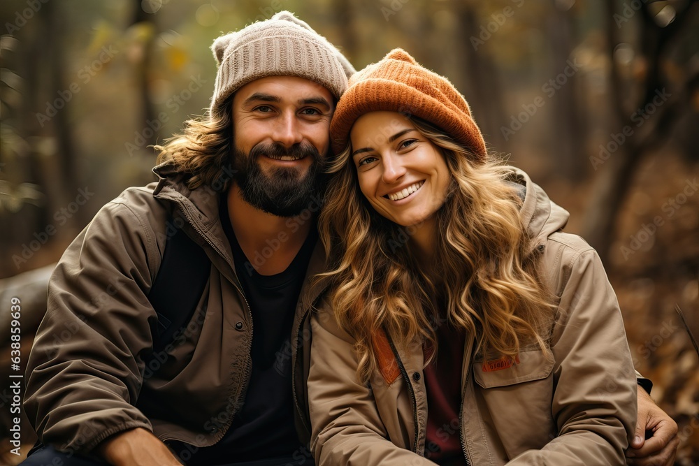 A man and a woman sitting next to each other in the forest created with Generative AI technology A man and a woman sitting next to each other in the forest created with Generative AI technology
