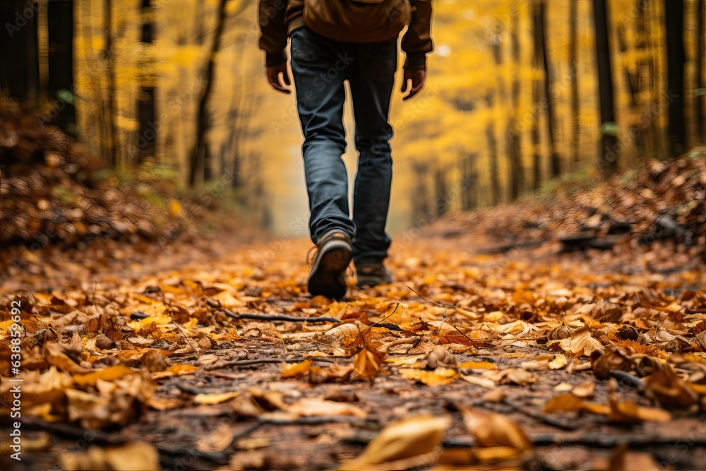 Anonymous man walking down a leaf covered path created with Generative AI technology Anonymous man walking down a leaf covered path created with Generative AI technology