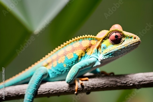  Close-up of a Panther Chameleon with colorful skin tones. Iguana lizard with beautiful color on a tree trunk