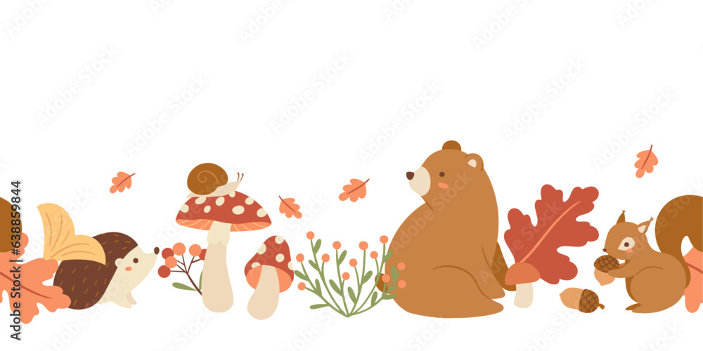 Vector seamless horizontal border with forest animals, mushrooms and leaves