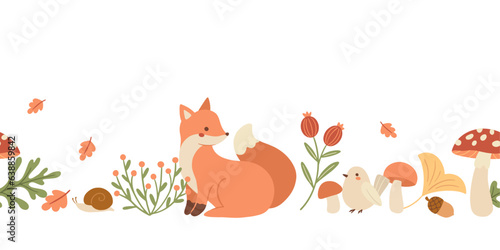 Vector seamless horizontal border with forest fox, bird, mushrooms and leaves