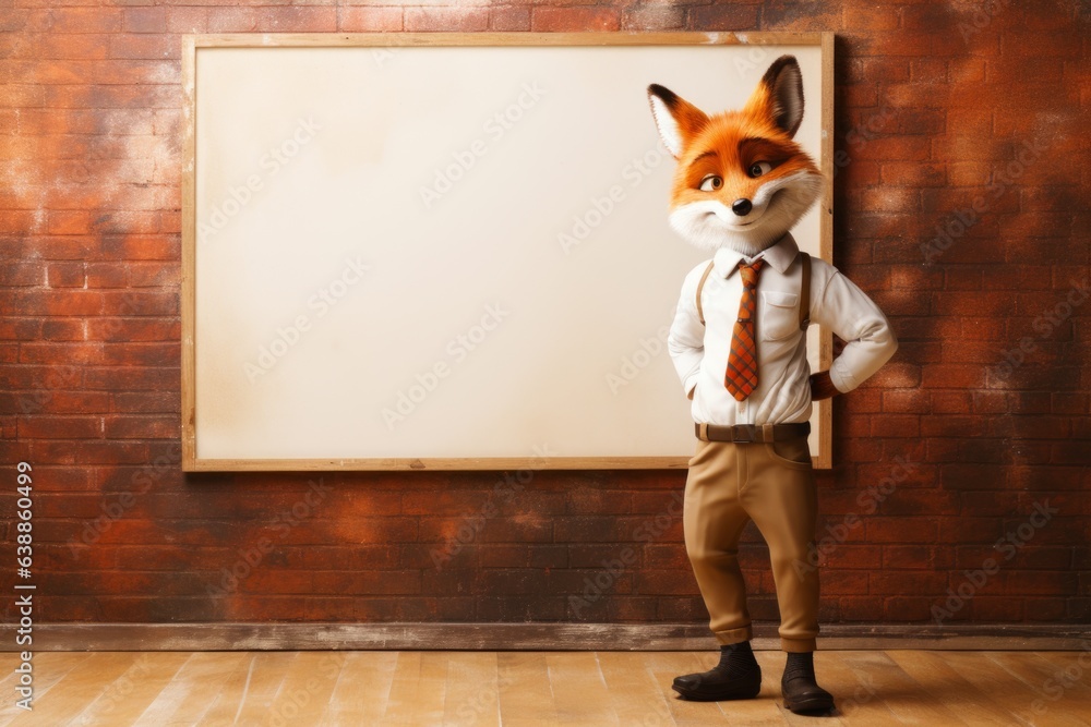 fox man dressed in stoo signature style textured backgrounds cartoon illustration of a fox with a blank board - obrazy, fototapety, plakaty 