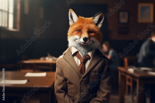 a fox in business clothes poses in a classroom against the background of school desks and students