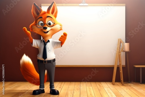 cartoon fox, smiling, in front of a whiteboard, in the style of academicism photo