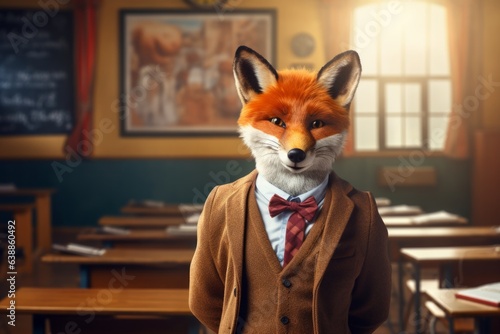 fox in a classroom in suit and tie, in the style of realistic surrealism