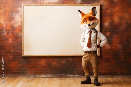 fox man dressed in stoo signature style textured backgrounds cartoon illustration of a fox with a blank board
