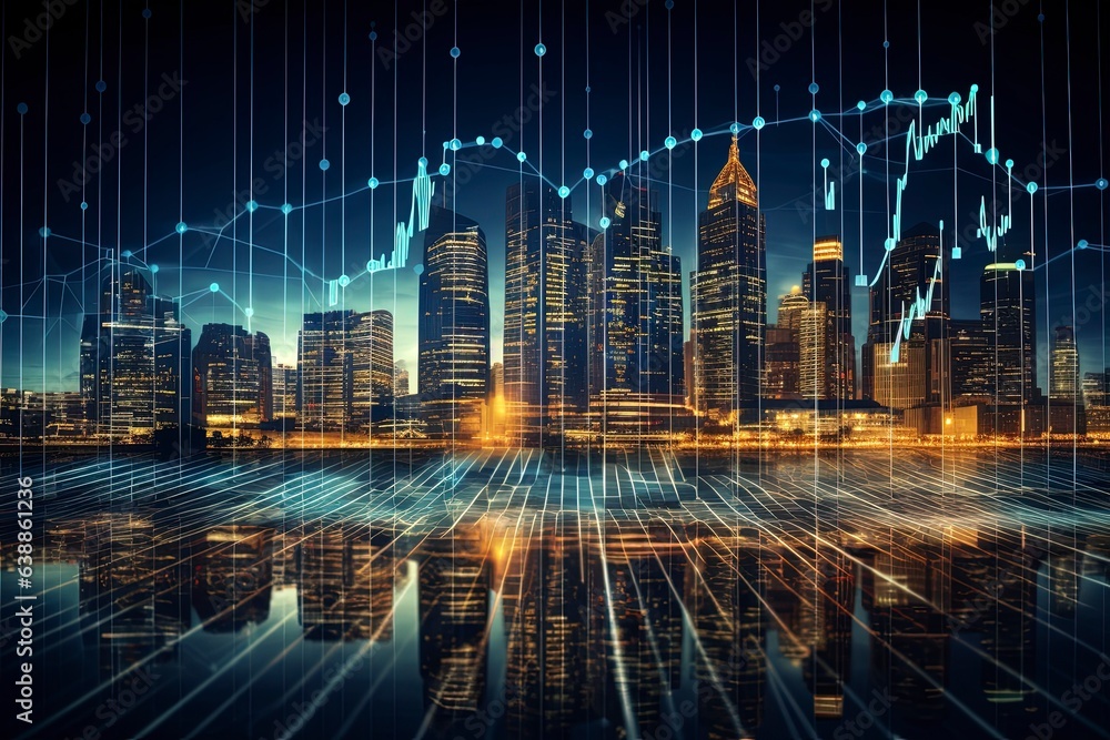 A city skyline at night with a line graph in the foreground created with Generative AI technology A city skyline at night with a line graph in the foreground created with Generative AI technology